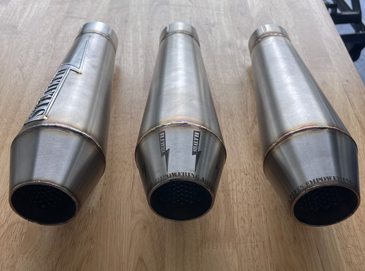 Outlet view of Stealth Pipes Reverse Cone Mufflers – cone tip stainless exhaust design