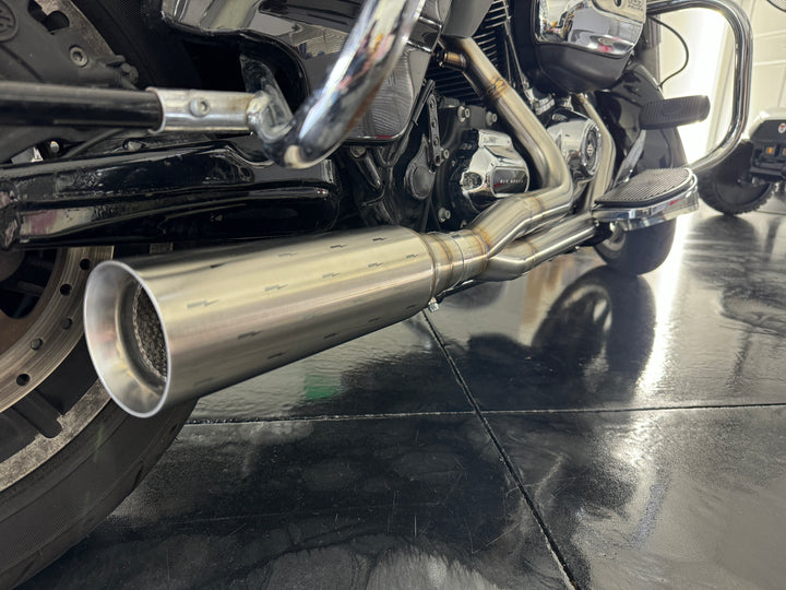 Breacher muffler by Stealth Pipes installed on Harley motorcycle – stainless exhaust upgrade