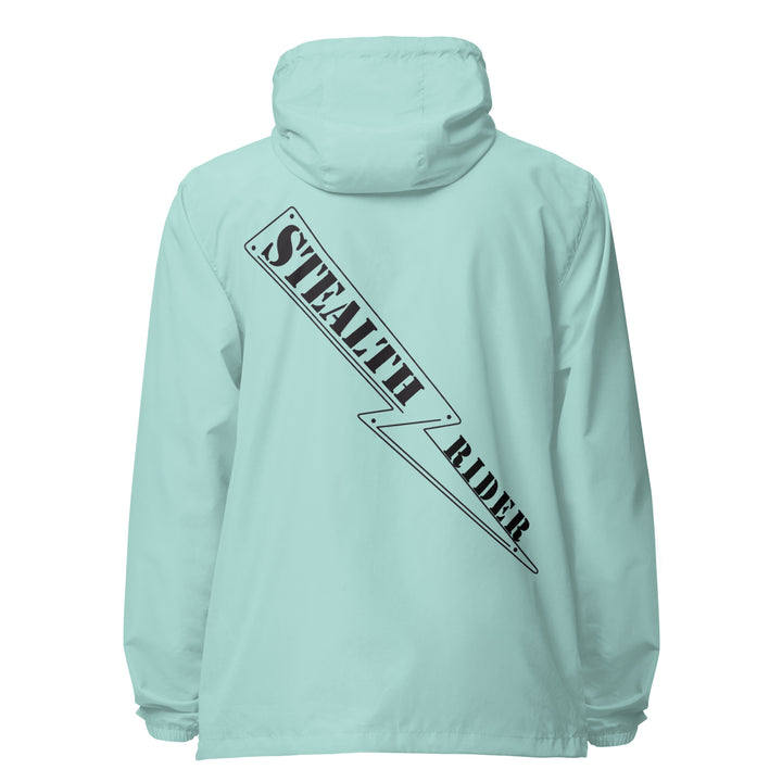 A high-visibility mint windbreaker with 'STEALTH RIDER' text on the back, featuring a hood, zippered front, and welt pockets.