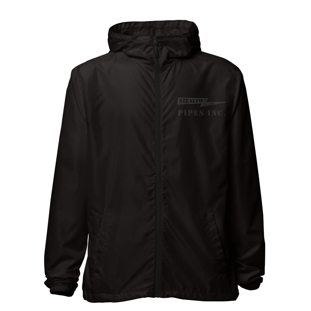 A high-visibility black windbreaker with 'STEALTH RIDER' text on the back, featuring a hood, zippered front, and welt pockets.