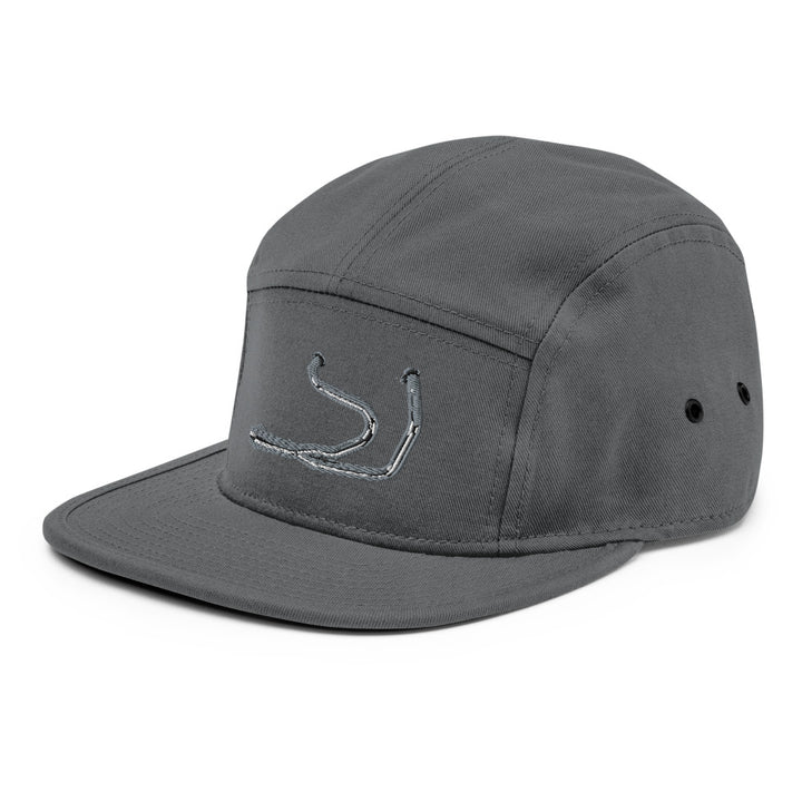 Side profile of grey Stealth Pipes camper cap with flat bill and ventilation eyelets