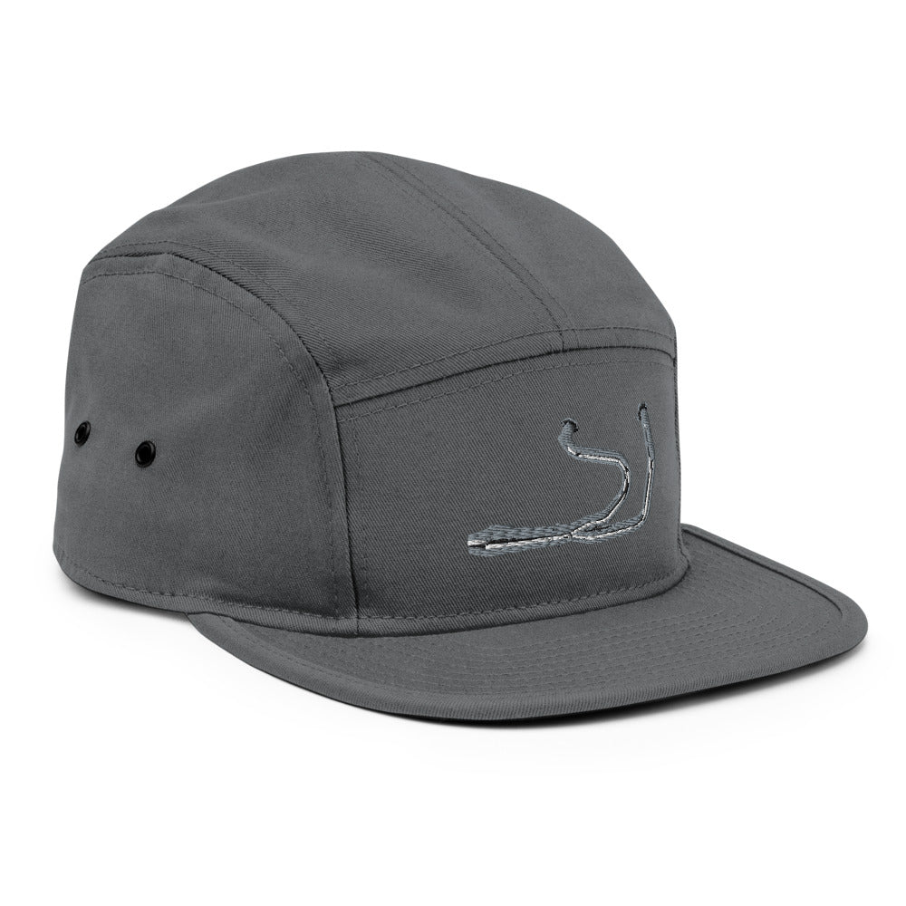 Side profile of grey Stealth Pipes camper cap with flat bill and ventilation eyelets